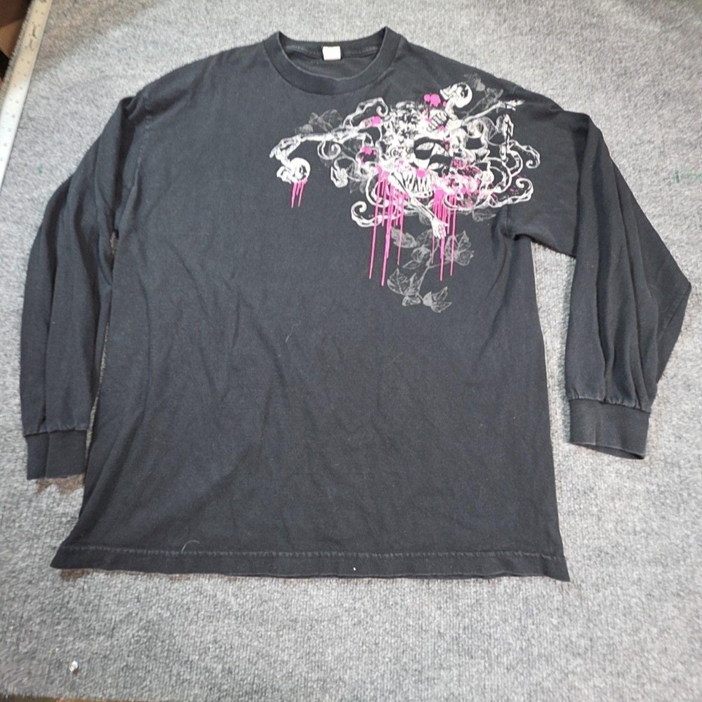 Split Mens XL Black Long Sleeve Skull Graphic Gothic Tee Streetwear Shirt